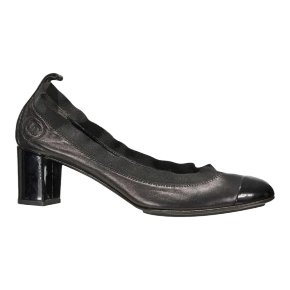 Chanel Stretch Spirit Black Leather Cap Toe Block Heel Pumps 40.5